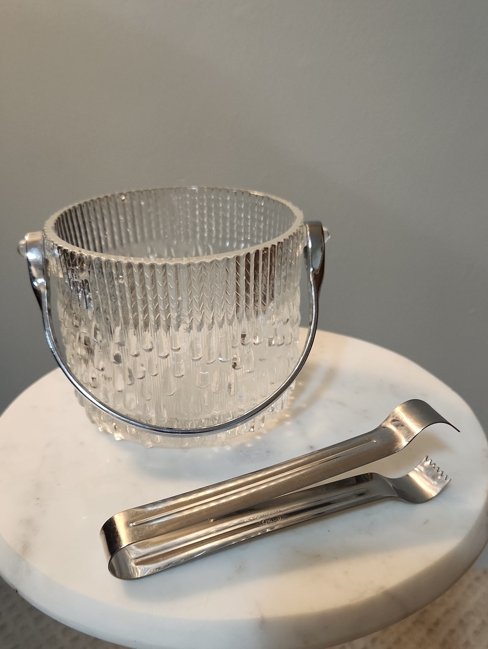 Vintage MCM Clear Textured Glass Ice Bucket Silver Tongs Teleflora